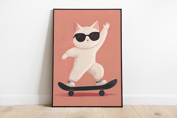 Cool White Cat in Sunglasses Riding a Skateboard Pink Poster