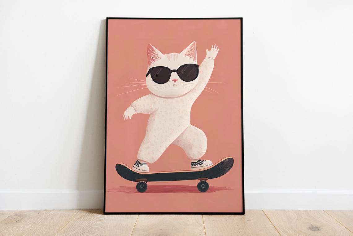 Cool White Cat in Sunglasses Riding a Skateboard Pink Poster