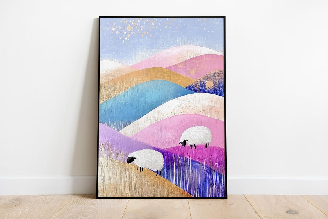 Two Sheep Grazing on Pastel Rainbow Rolling Hills Landscape Poster