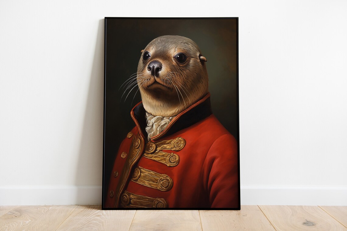 Renaissance Seal Portrait In Red Military Coat Funny Animal Poster