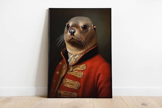 Renaissance Seal Portrait In Red Military Coat Funny Animal Poster
