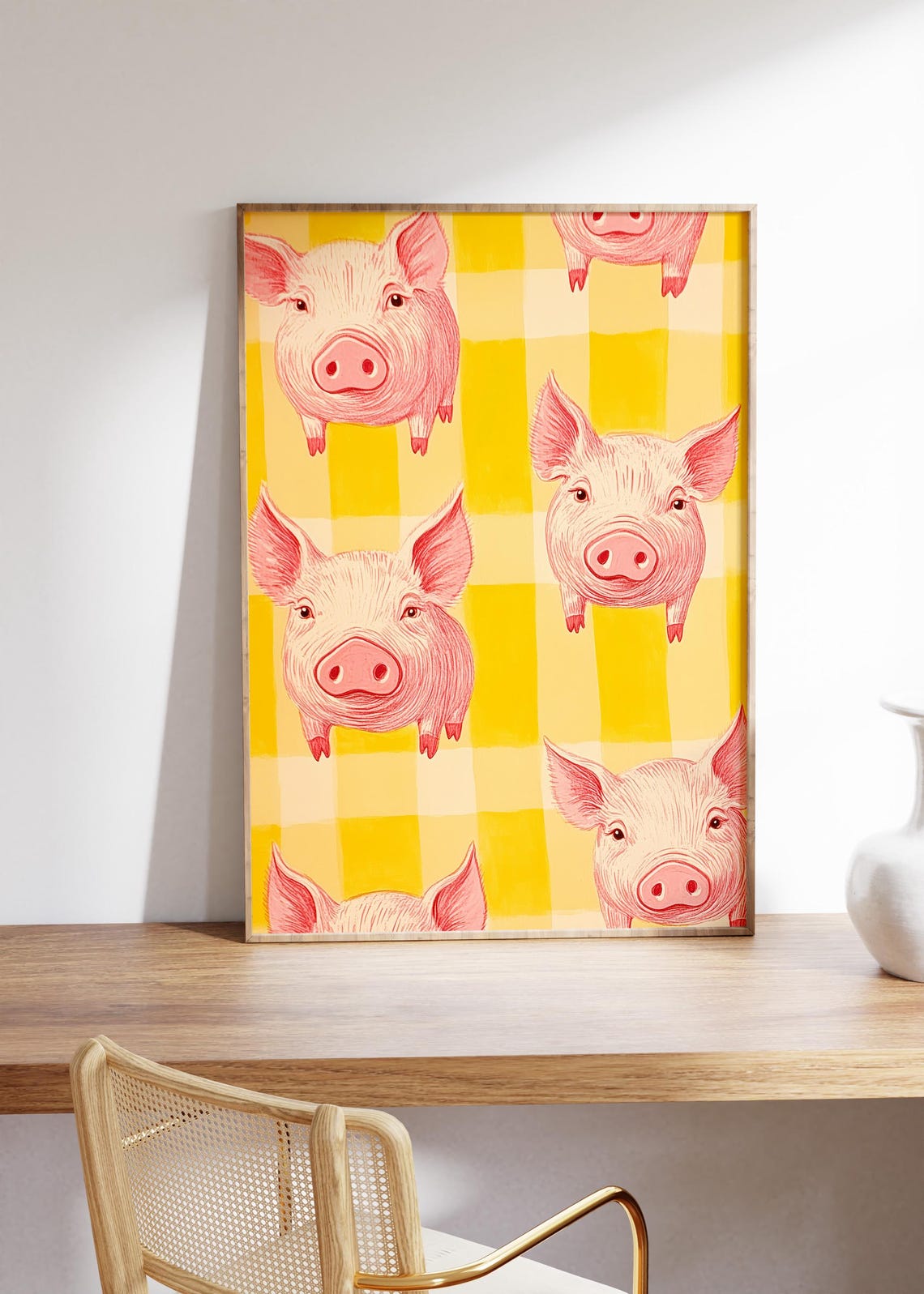 Cute Pink Piglet Faces on Yellow Gingham Check Pattern Poster - Image 5