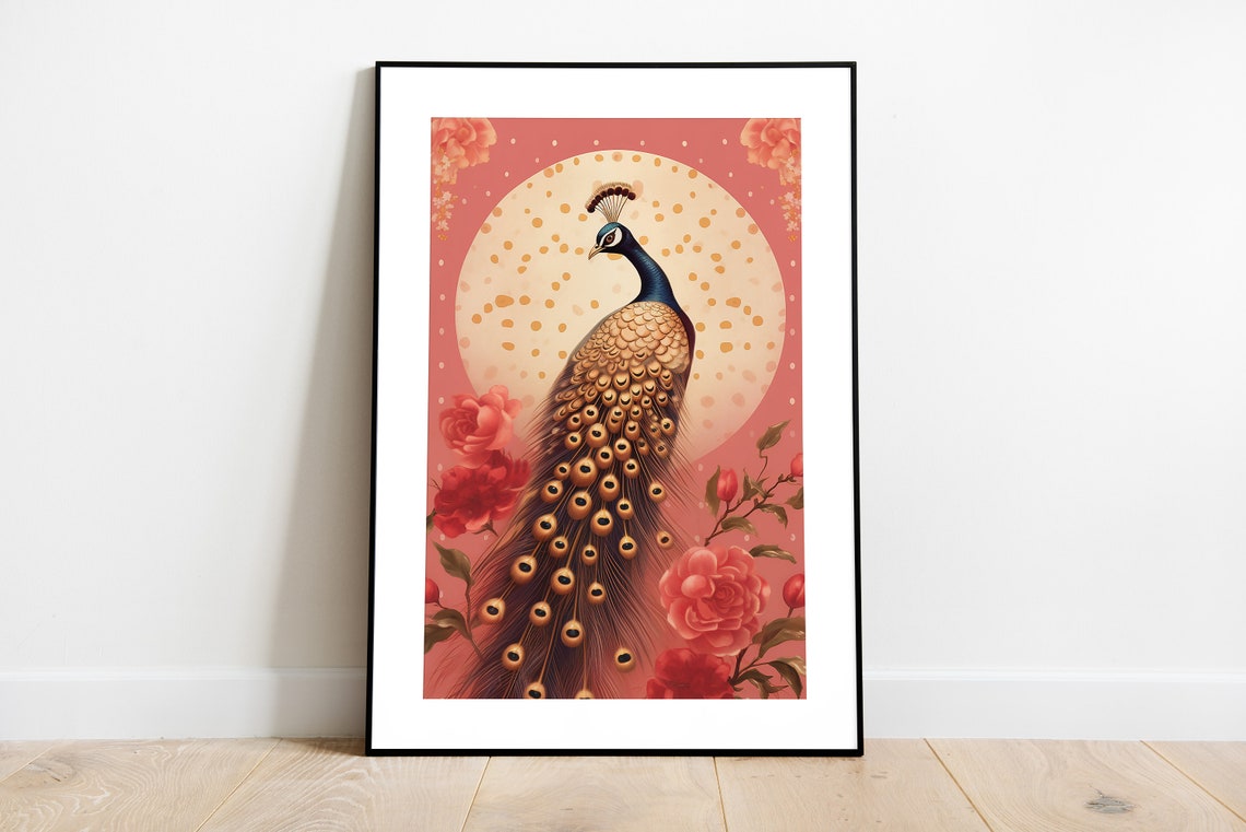 Elegant Golden Peacock under Full Moon Pink Floral Art Poster