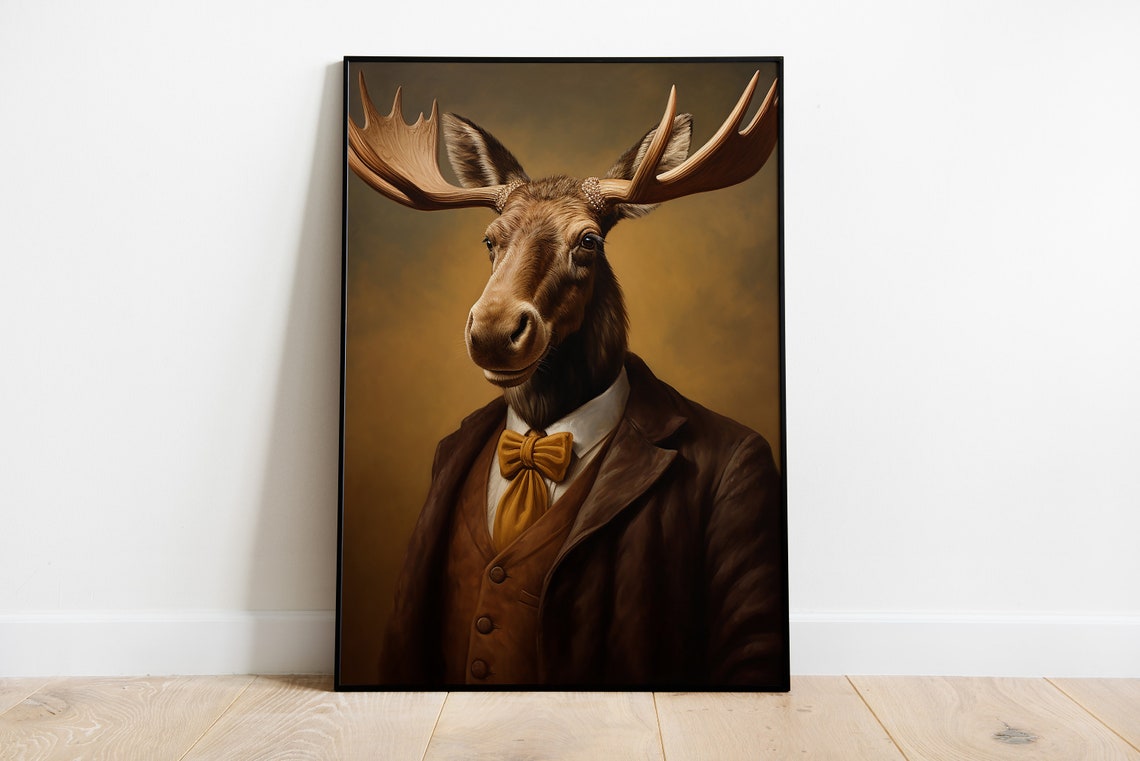 Renaissance Moose Gentleman Portrait Funny Animal Bow Tie Print