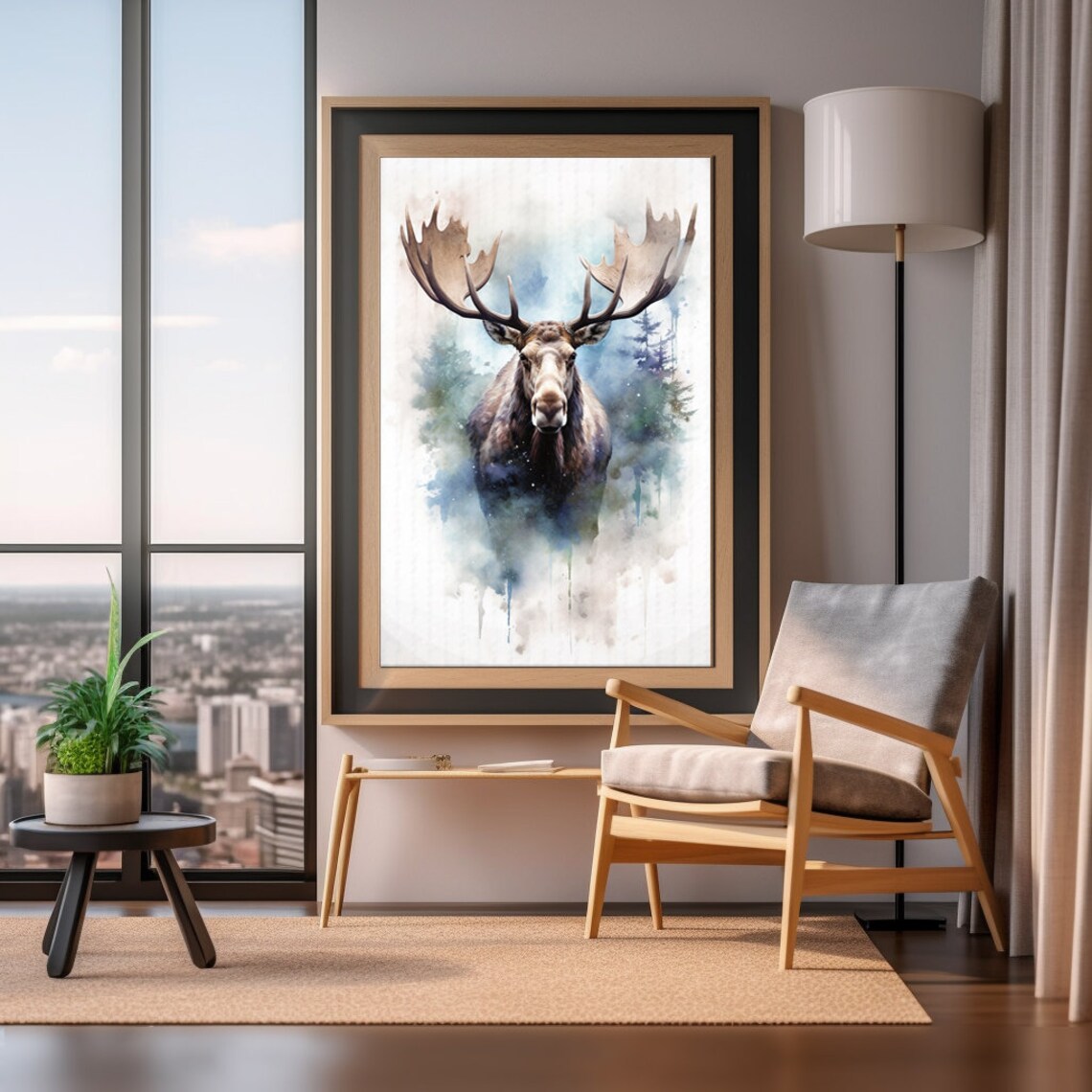 Moose Watercolor Painting Winter Forest Antlers Wildlife Poster - Image 2