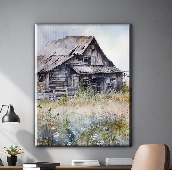 Old Barn Watercolor Art Barn Wall Art Gray Barn Painting Rustic Barn Abandoned Barn Painting Farmhouse Decor Watercolor Barn