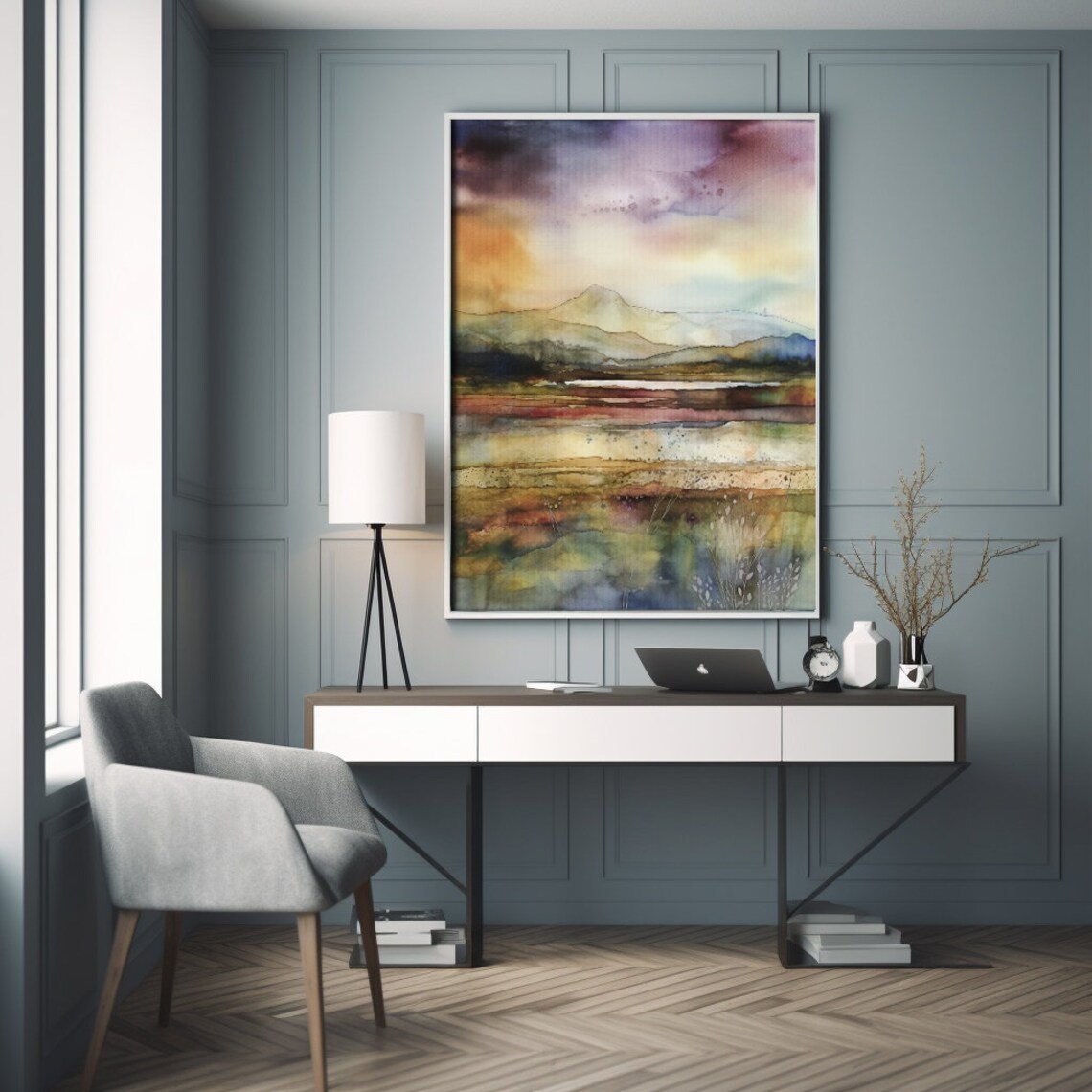 Abstract Mountain Lake Sunset Watercolor Landscape Painting Poster - Image 4