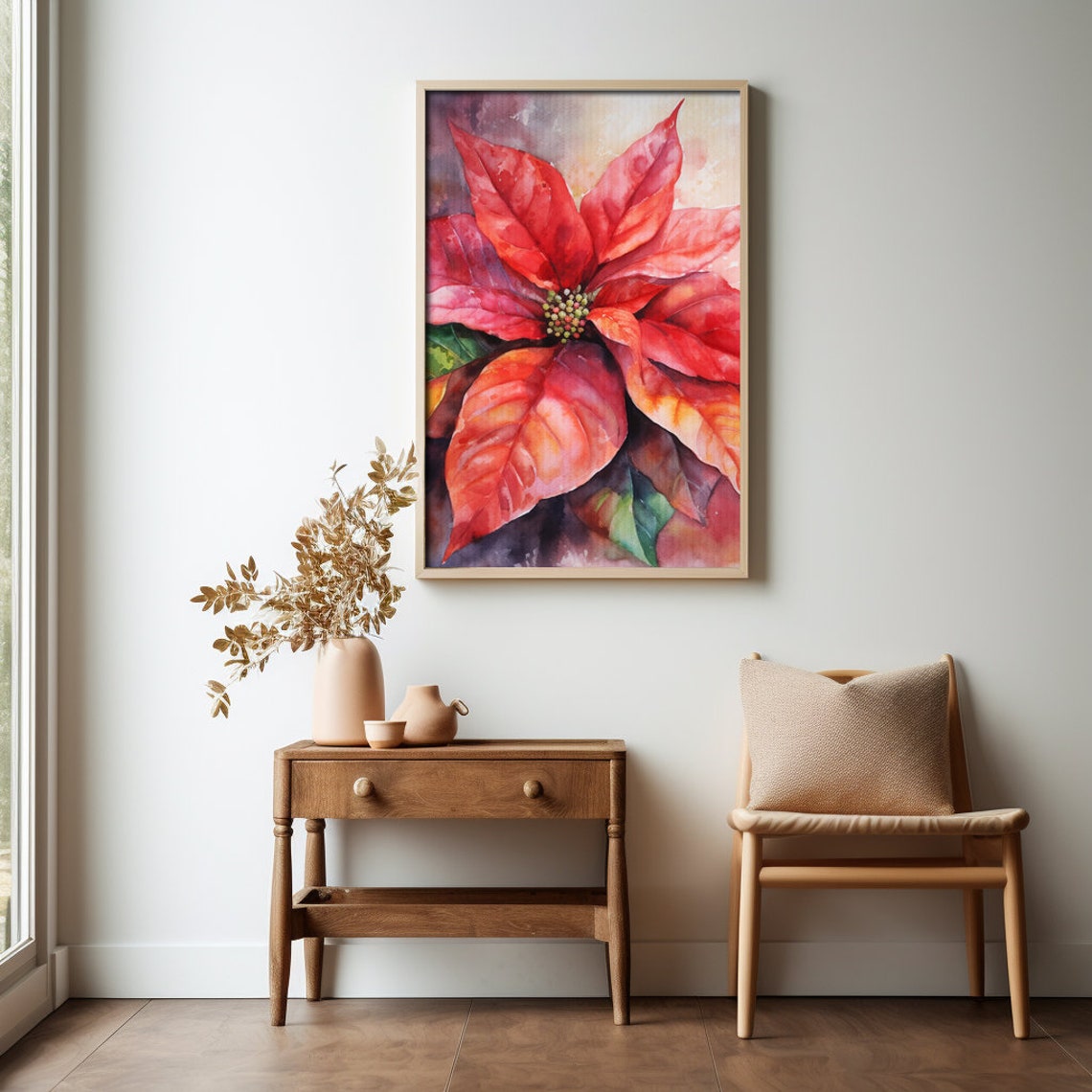 Poinsettia Flower Watercolor Painting Realistic Christmas Flower Watercolor For Hallway Bathroom Living Room Office - Image 2