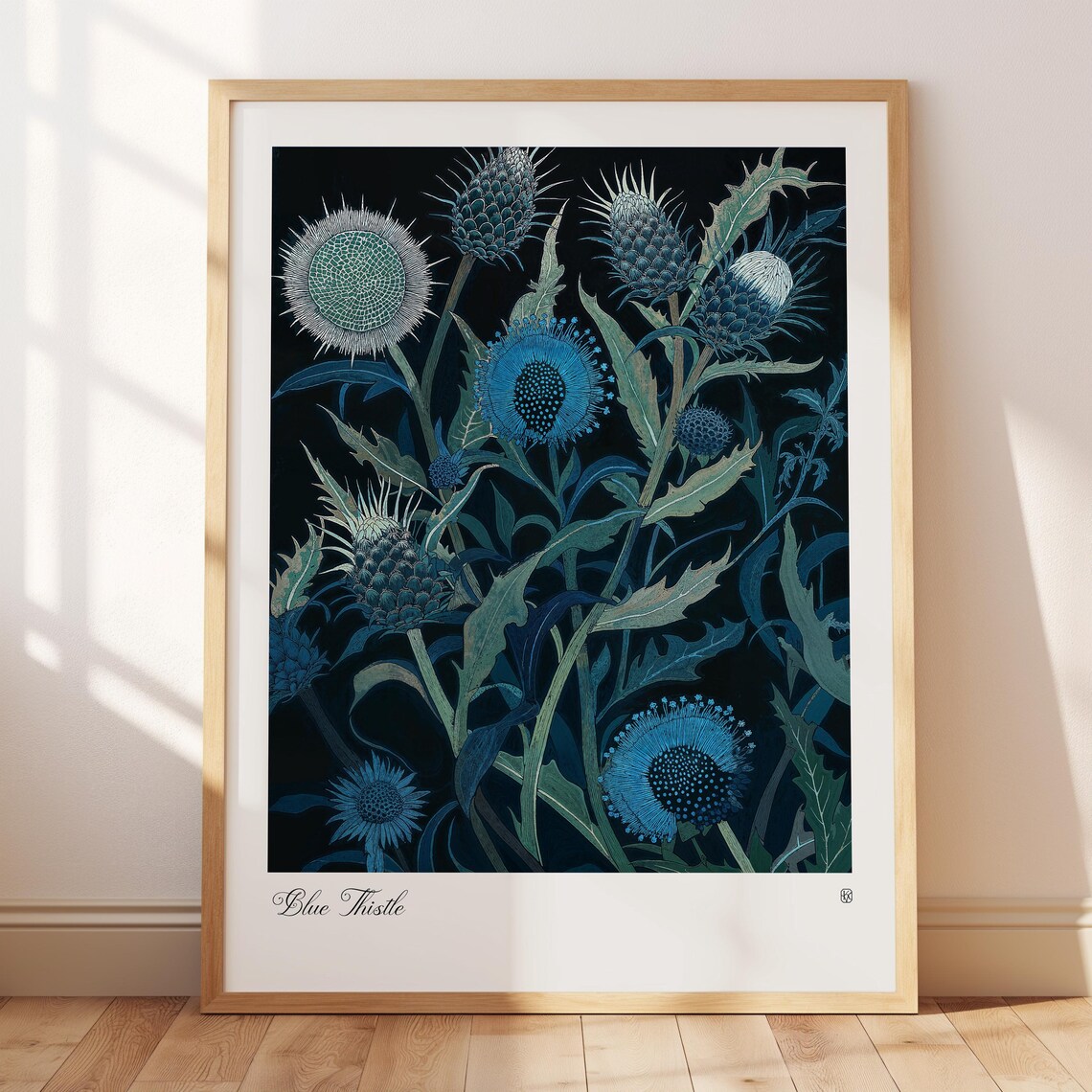 Blue Thistle Floral Art Print, Rustic Woodcut Style - Image 2