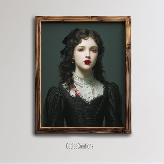 Vampire Surreal Art Gothic Fantasy Girl Oil Painting Full Body Moody Portrait For Dark Home Decor Prt148