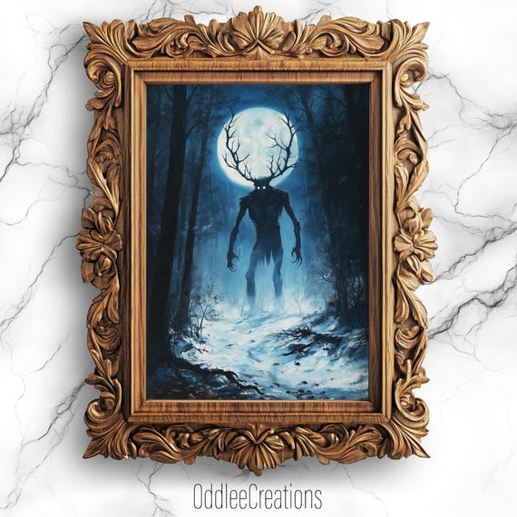 Wendigo Cryptid Wall Art Northern Forest Under Moonlight Dark Academia Oil Painting Decor Prt78