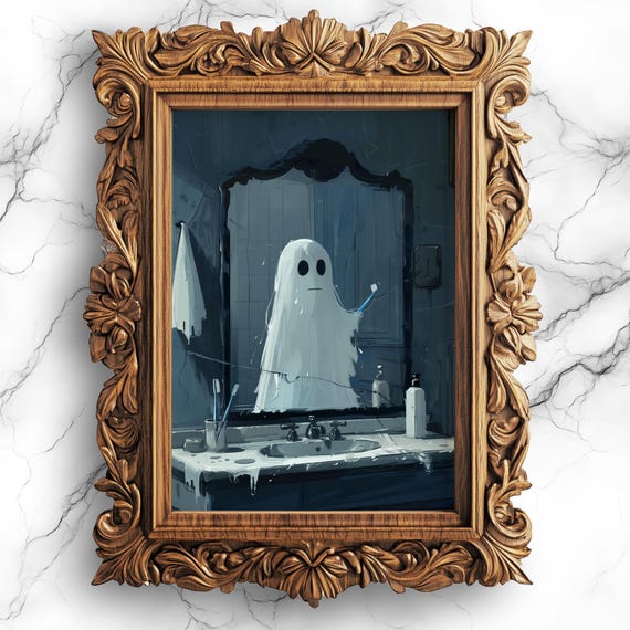 Paranormal Reflection Brushing Teeth Painting Ghostly Bathroom Wall Art Spooky Home Decor Haunted House Halloween Bbg13