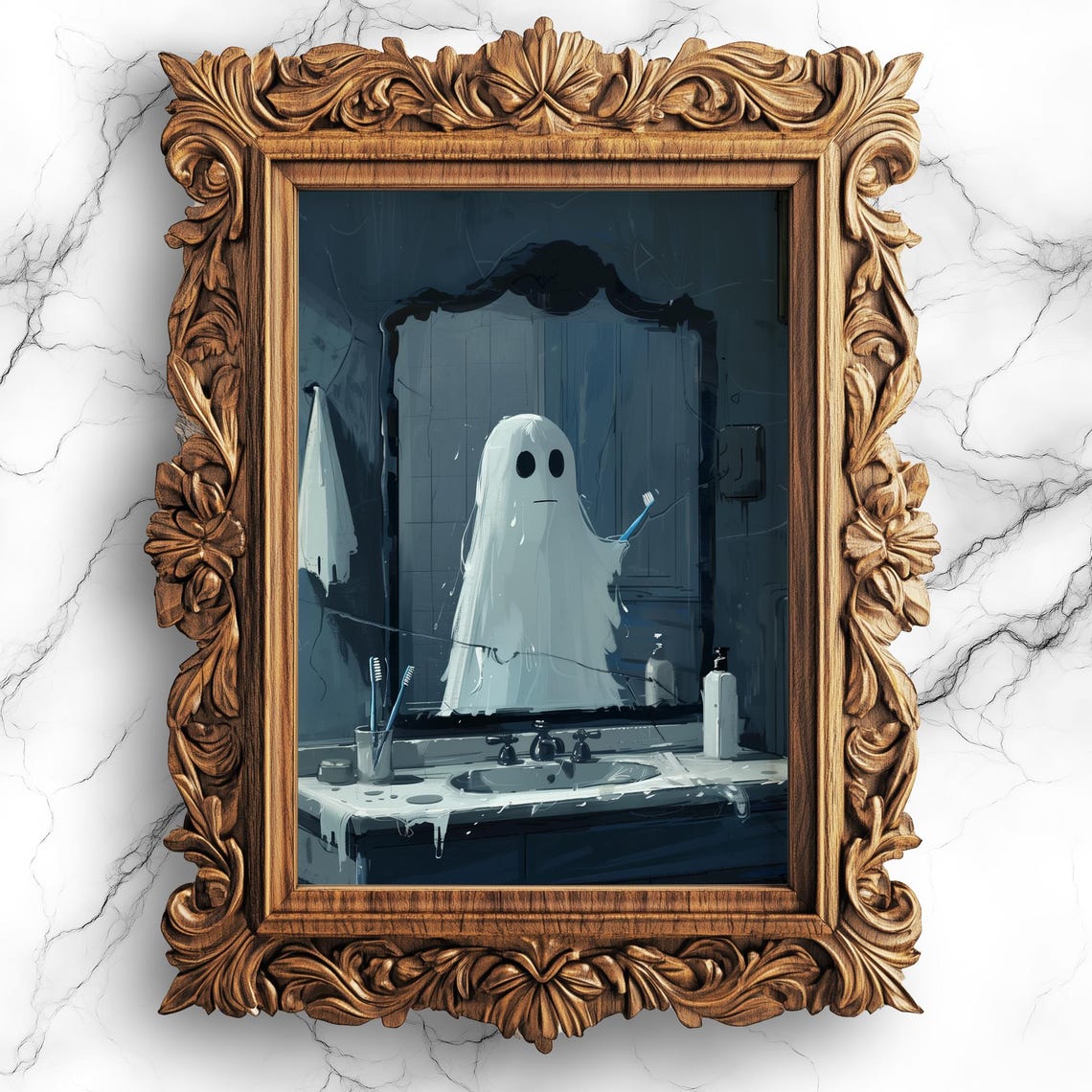 Cute Ghost Brushing Teeth Spooky Bathroom Mirror Halloween Poster