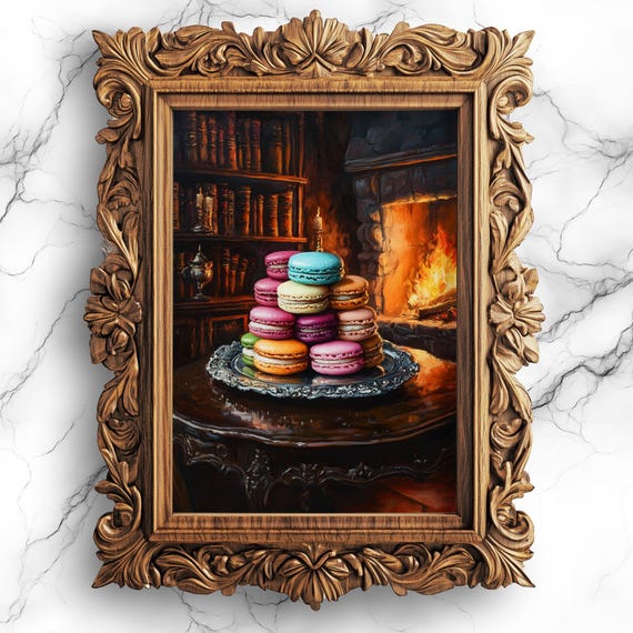 Colorful Macarons Oil Painting Whimsigoth Dark Academia Wall Art For Dining Room Cozy Fireplace Vintage Decor Fod25
