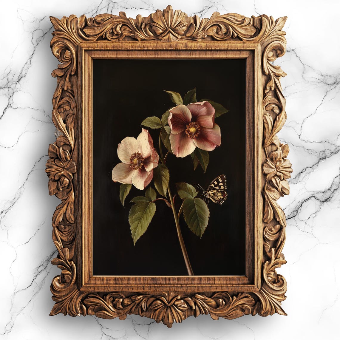 Elegant Hellebore Flowers With Butterfly Dark Botanical Art Poster