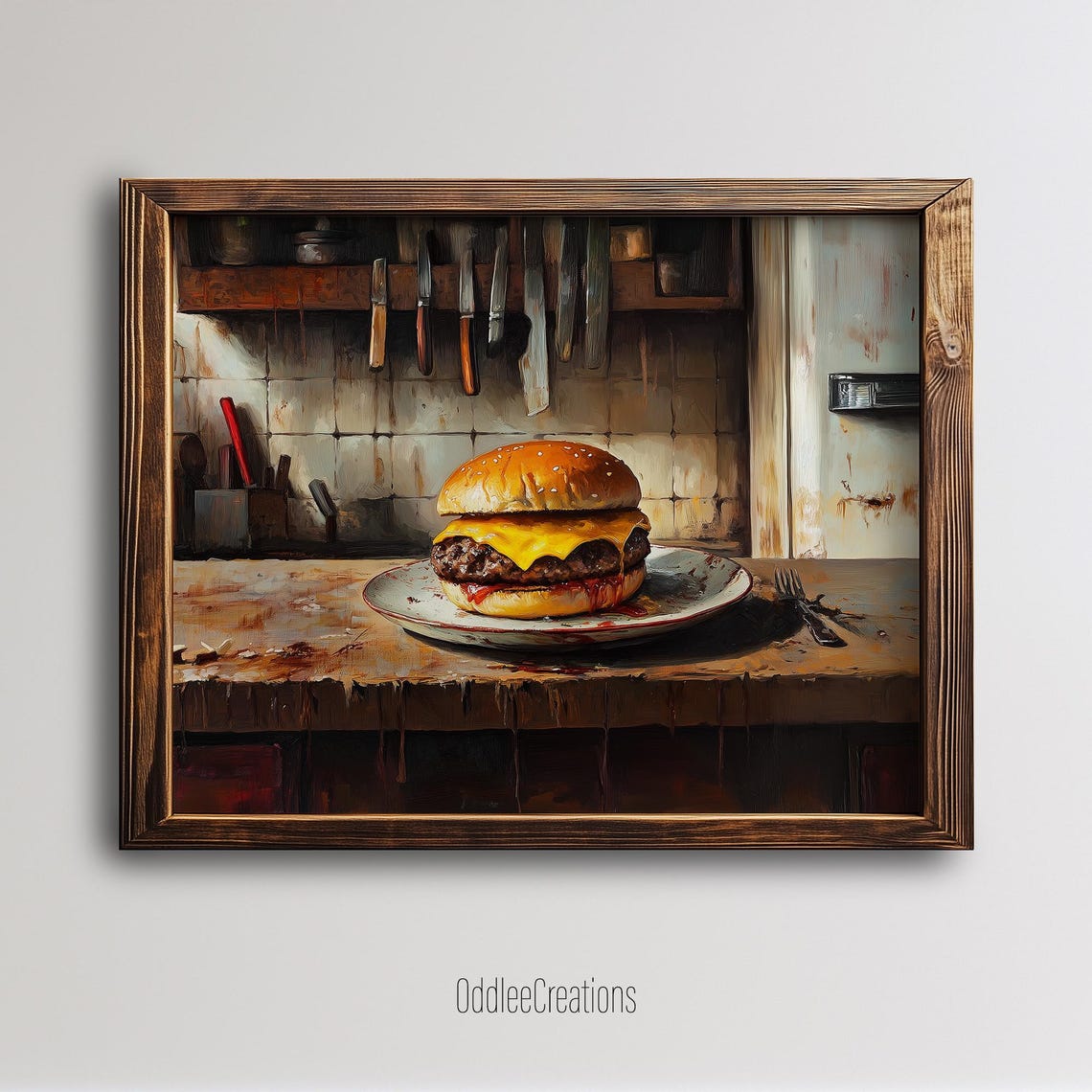 Cheeseburger Dark Rustic Kitchen Gourmet Oil Painting Poster