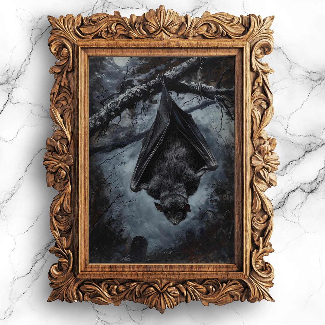 Hanging Bat At Night In Cemetery Chilling Oil Painting For Halloween Decor Home Wall Ani5