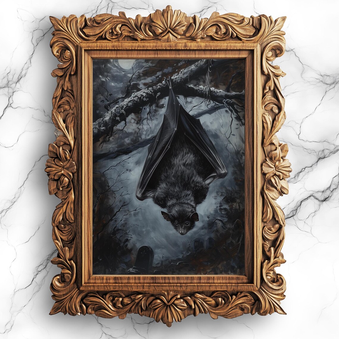 Hanging Bat in Night Cemetery Gothic Oil Painting Halloween Poster