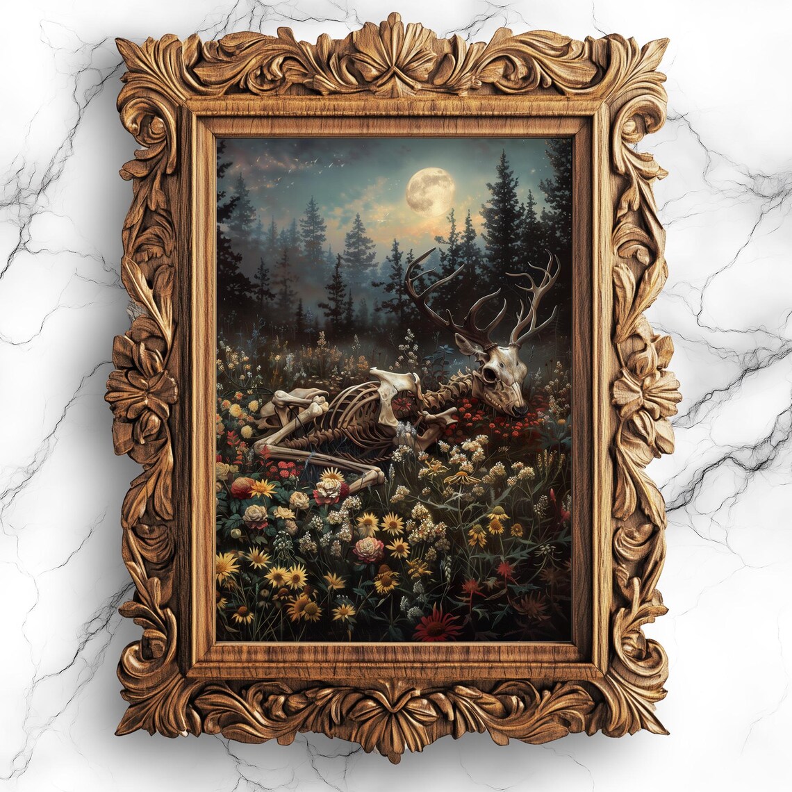 Moonlit Decomposing Deer Poster Dark Floral Art Print For Home Decor Mysterious And Whimsical Wall Ani16