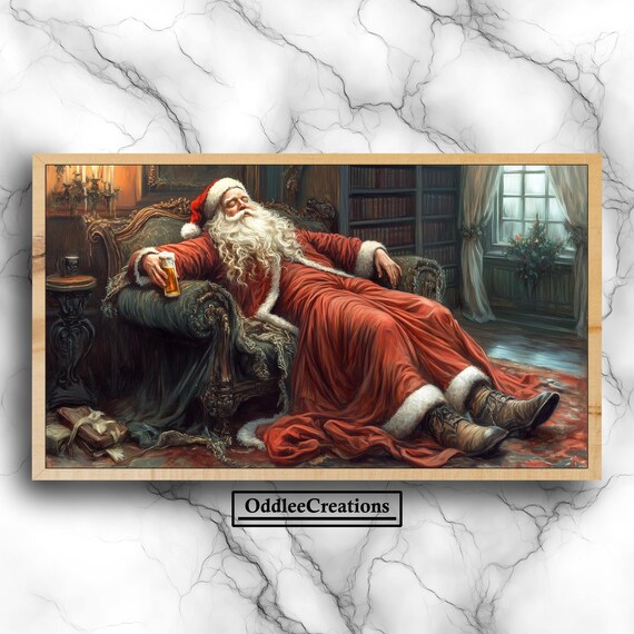 Sleepy Santa Claus Resting With Beer Dark Academia Christmas Poster