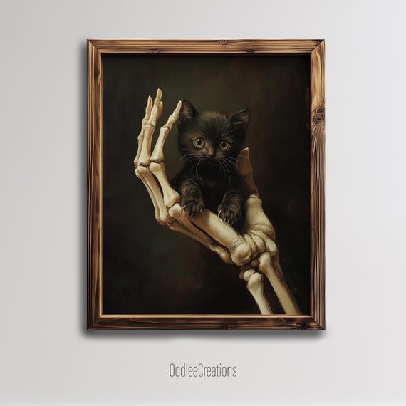 Oil Painting Of Skeleton Holding Kitten Dark Wall Art Gothic Home Decor For Cat Lovers Prt97