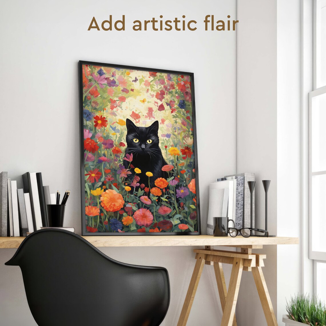 Black Cat and Flowers Watercolor Art Print, Forestcore - Image 2
