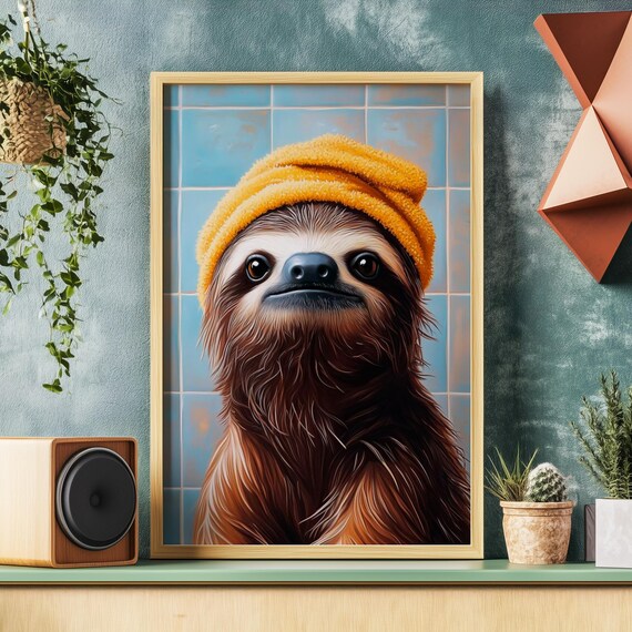 Content Sloth Wearing a Cozy Yellow Towel Turban After a Relaxing Spa Bath Poster