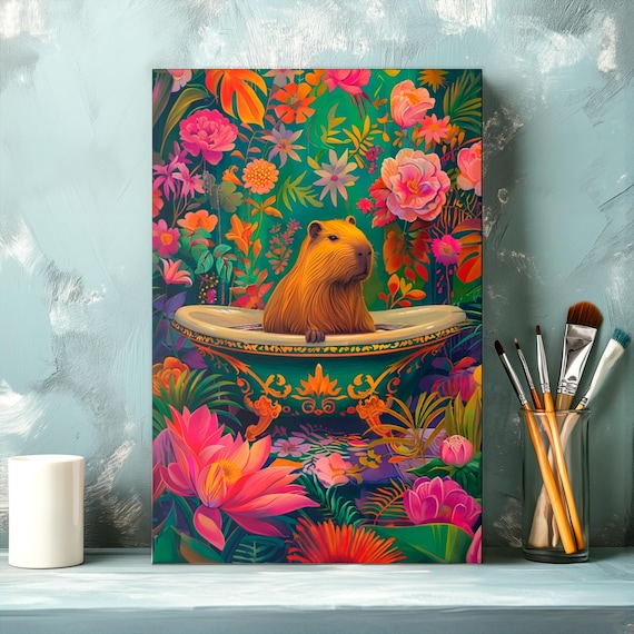 Capybara Soaking In A Vintage Floral Bathtub Tropical Wall Poster