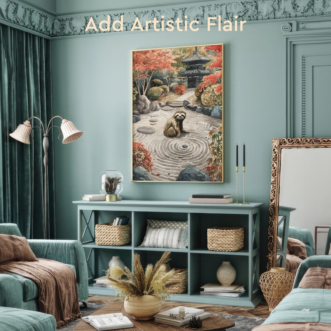 Peaceful Sloth Sitting in a Japanese Zen Rock Garden Painting Poster - Image 2