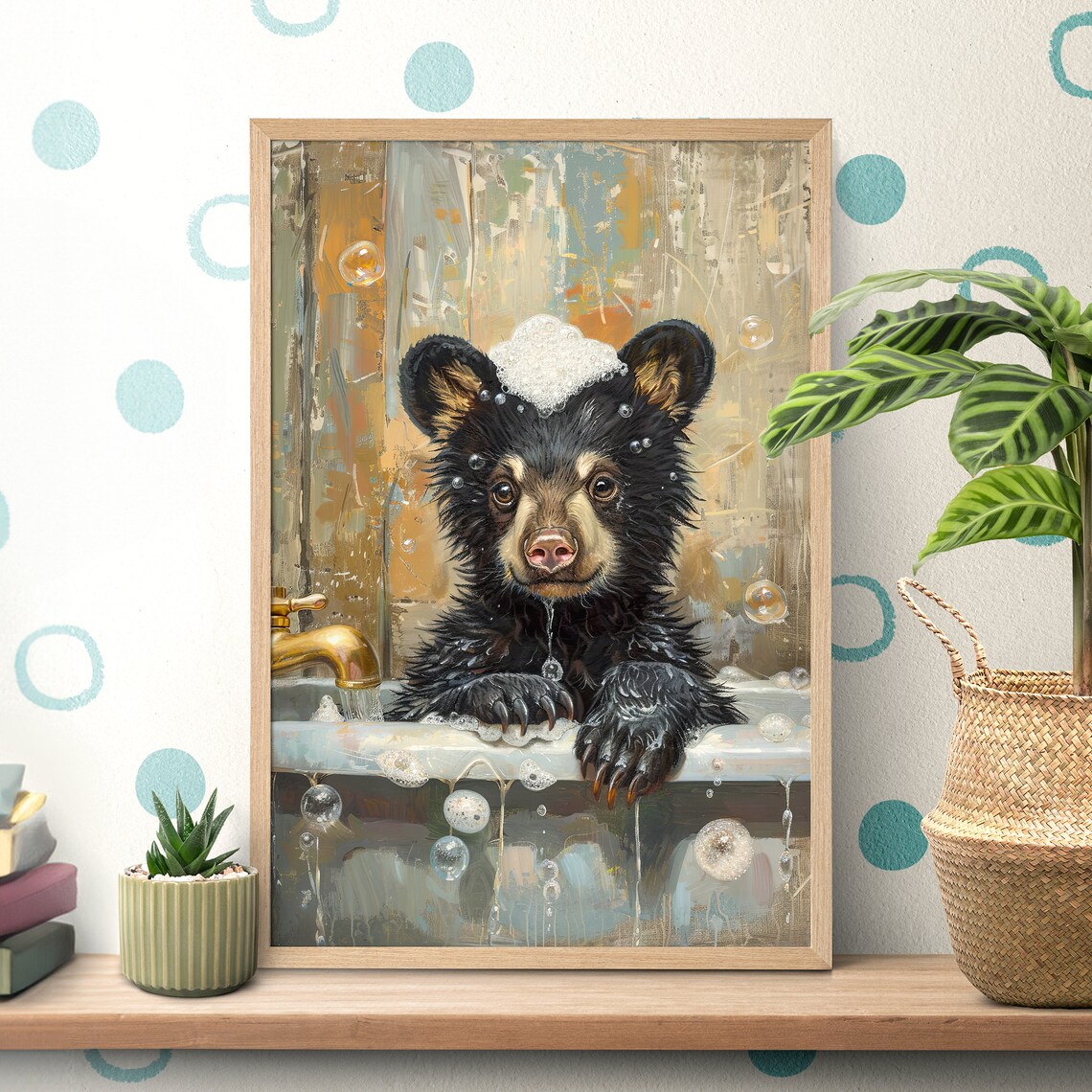Bathtub Bubble Bath Bear Art Print, Vintage Bath Decor