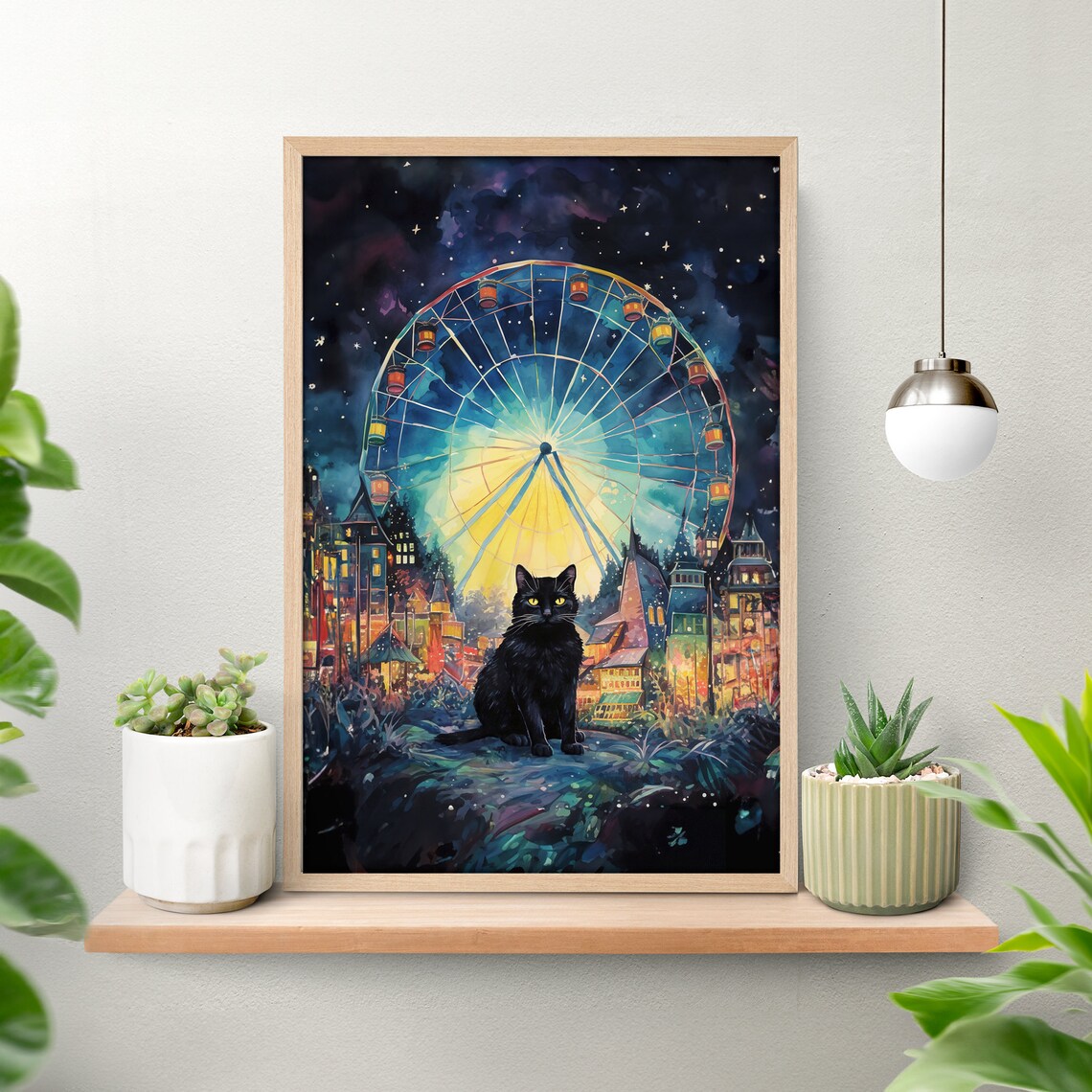 Black Cat Starry Night Amusement Park Ferris Wheel Watercolor Poster