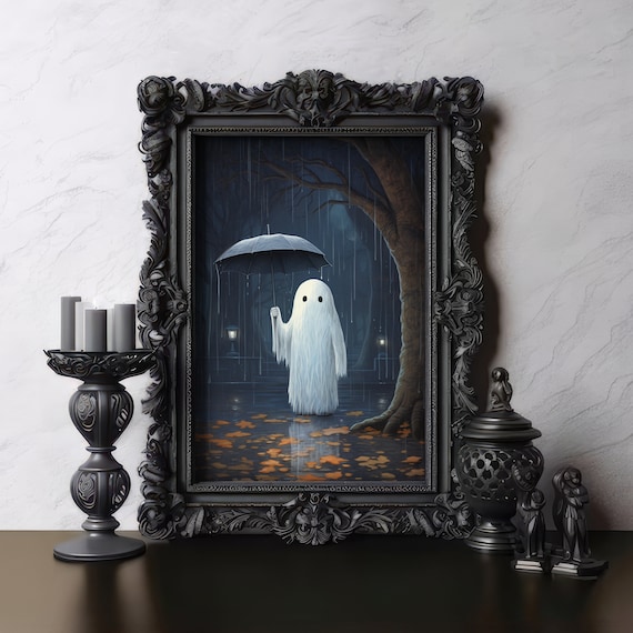 Cute Ghost Holding an Umbrella in the Rainy Night Forest Poster