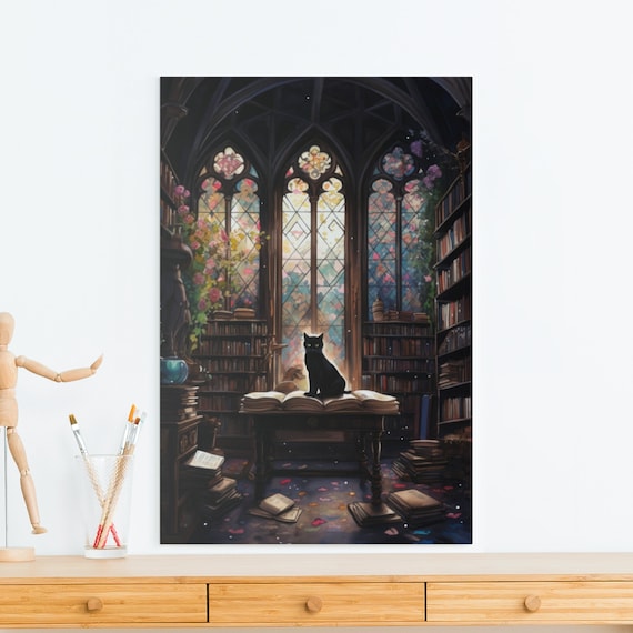 Black Cat in Gothic Library with Stained Glass Windows and Books Poster