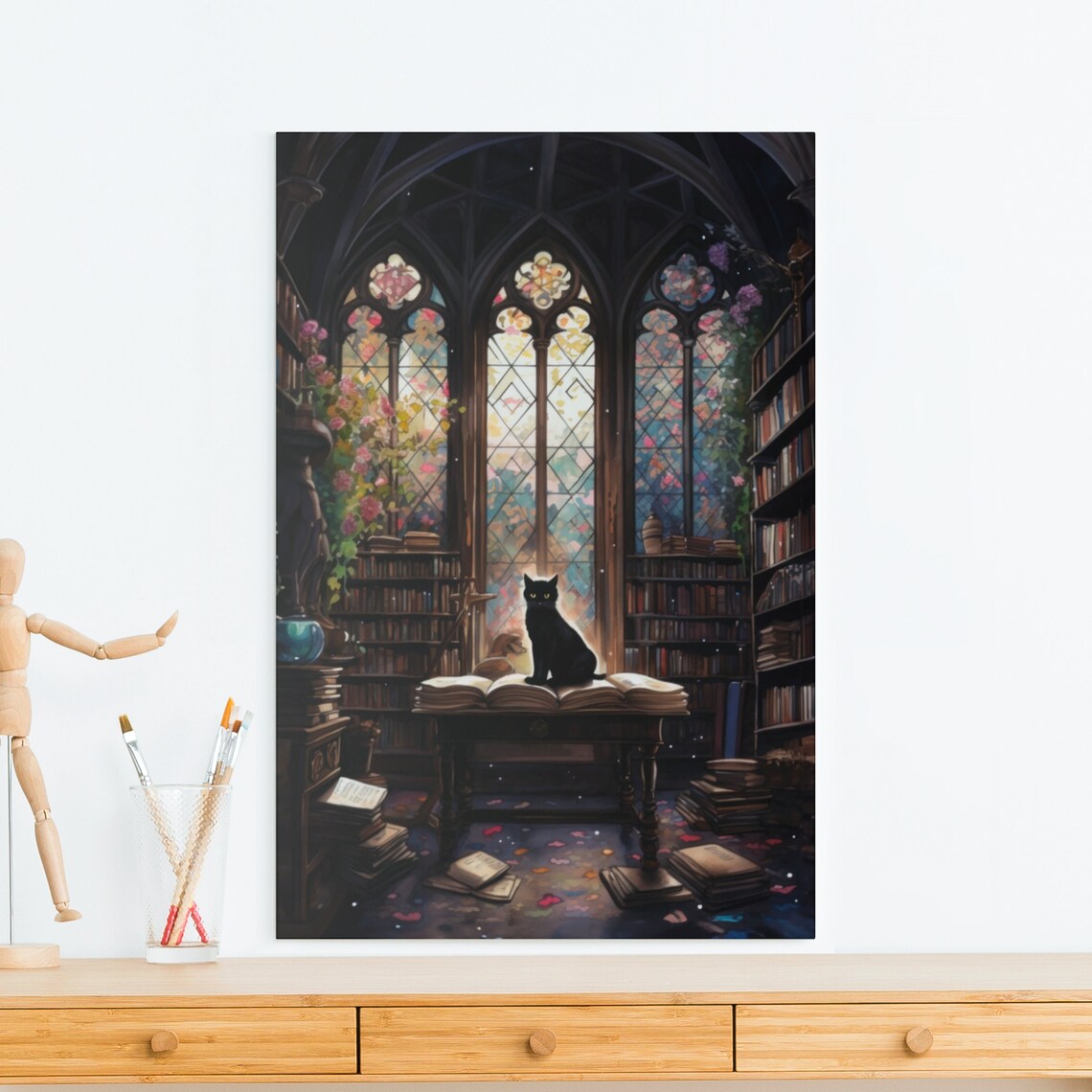Black Cat in Gothic Library with Stained Glass Windows and Books Poster