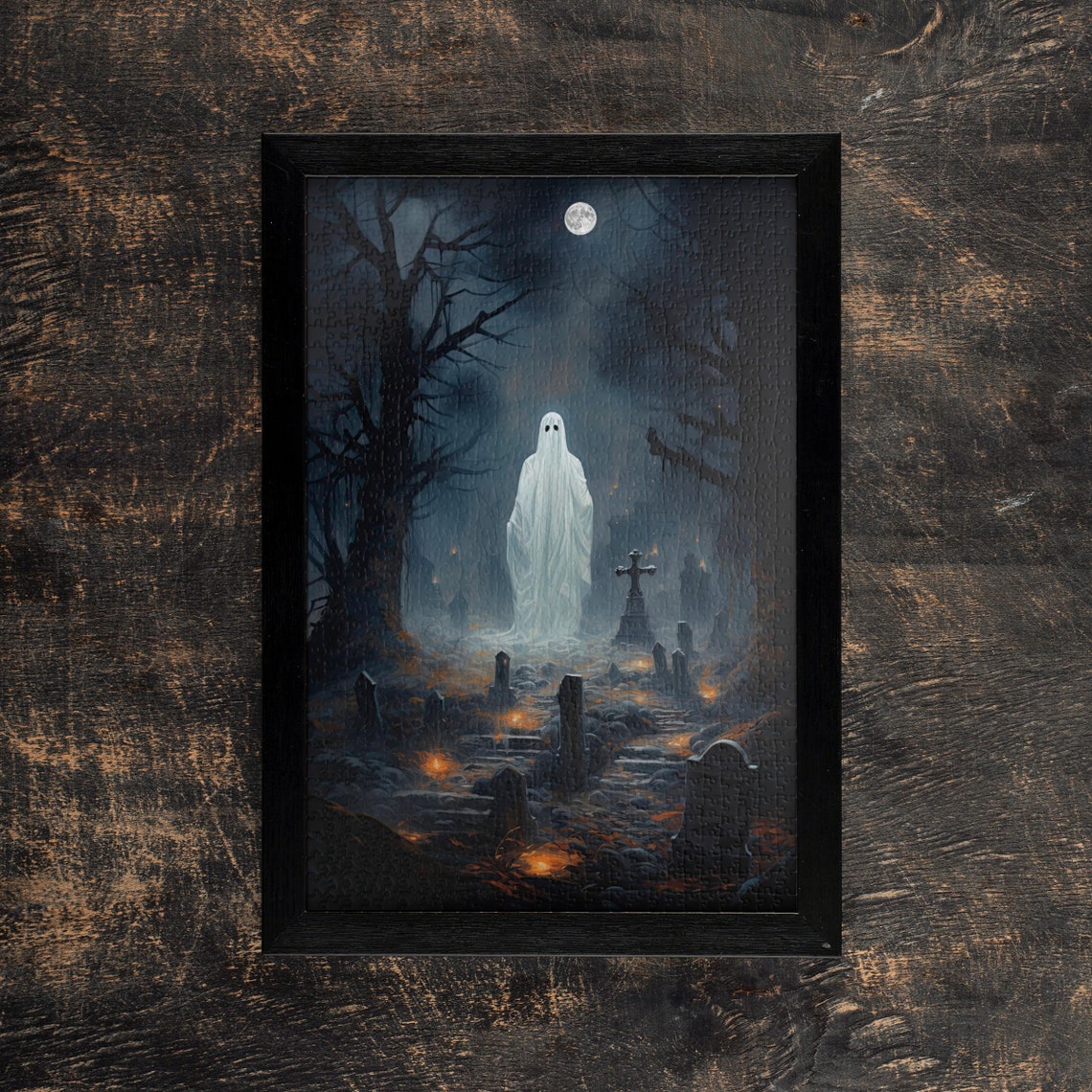 Ghost in Moonlit Graveyard Crosses Vintage Horror Jigsaw Puzzle Poster