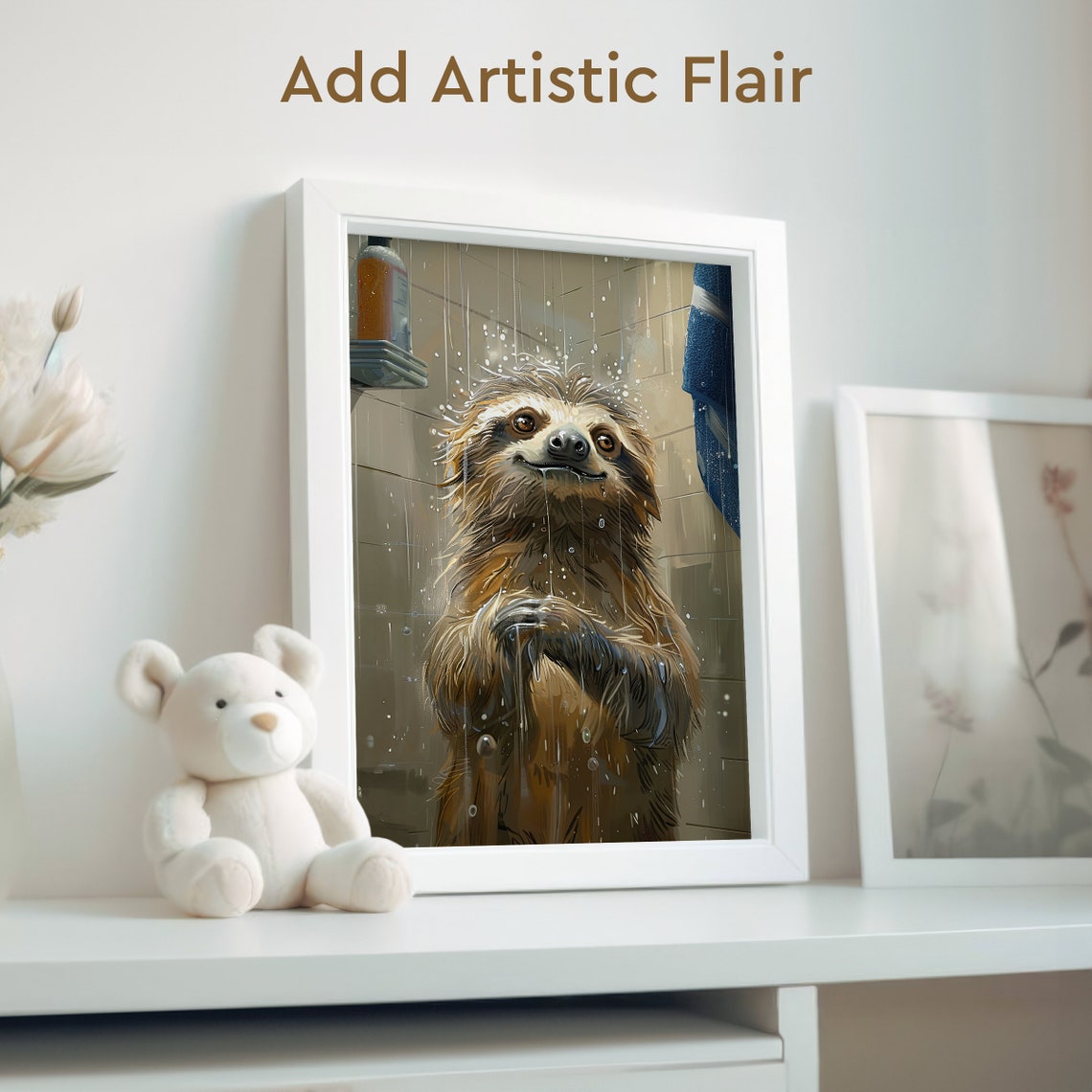 Wet Sloth Taking a Shower Funny Bathroom Animal Portrait Poster - Image 2