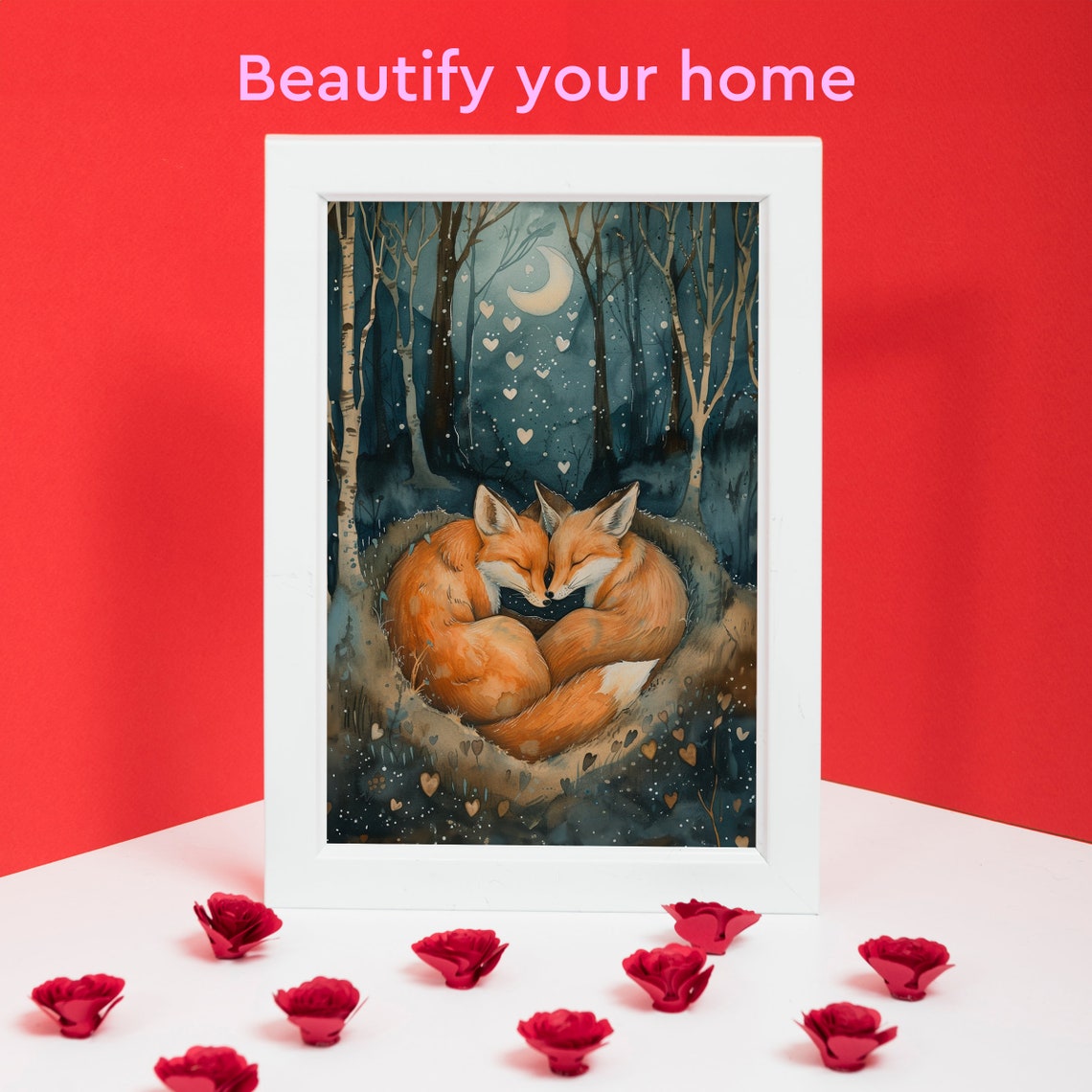 Two Foxes Cuddling Nose to Nose in a Moonlit Birch Forest Poster - Image 3