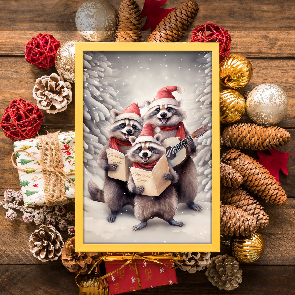 Christmas Raccoon Carolers Vintage Art Print