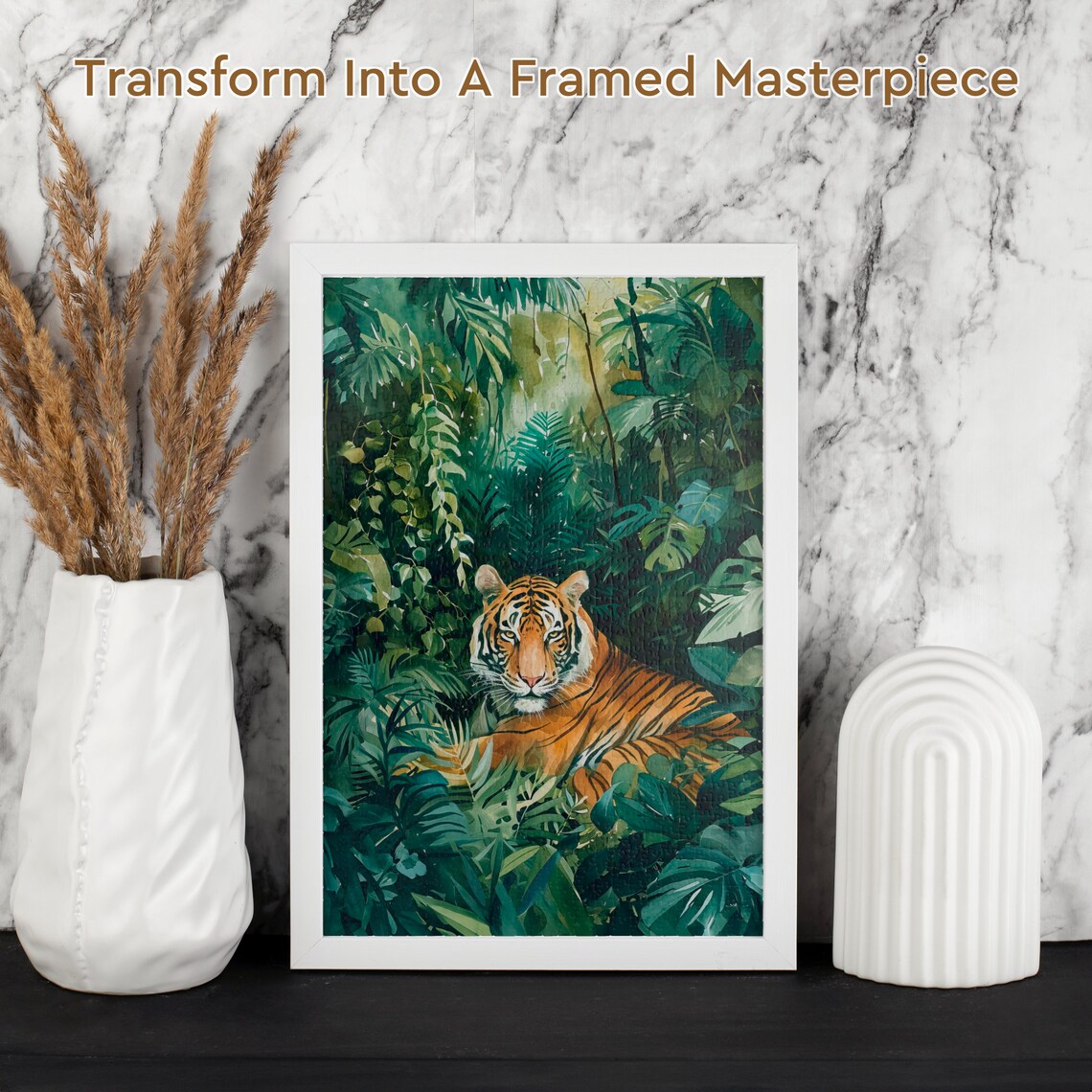 Majestic Tiger Resting in Lush Green Jungle Watercolor Poster - Image 2