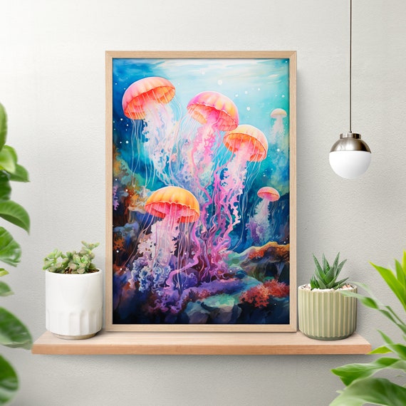 Jellyfish Coral Reef Poster Vintage Ocean Prints Home Decor Wall Art Sea Animals Nursery Posters Coral Seaweed Watercolor Wallpaper Art