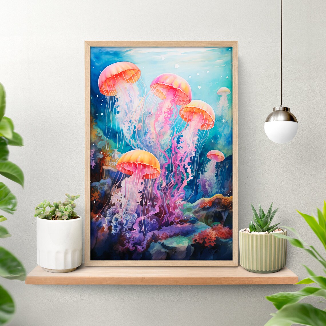 Pink Jellyfish Swarm Coral Reef Watercolor Ocean Marine Life Poster