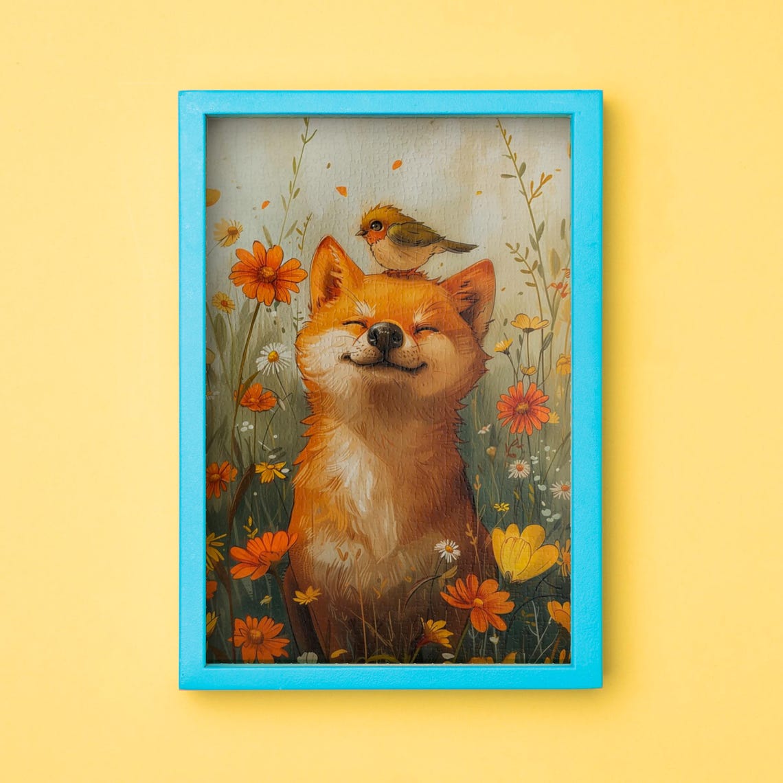 Smiling Shiba Inu with a Tiny Bird on Its Head in Wildflowers Poster