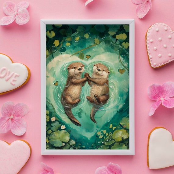 Romantic River Otter Love, Vintage Watercolor Art Print