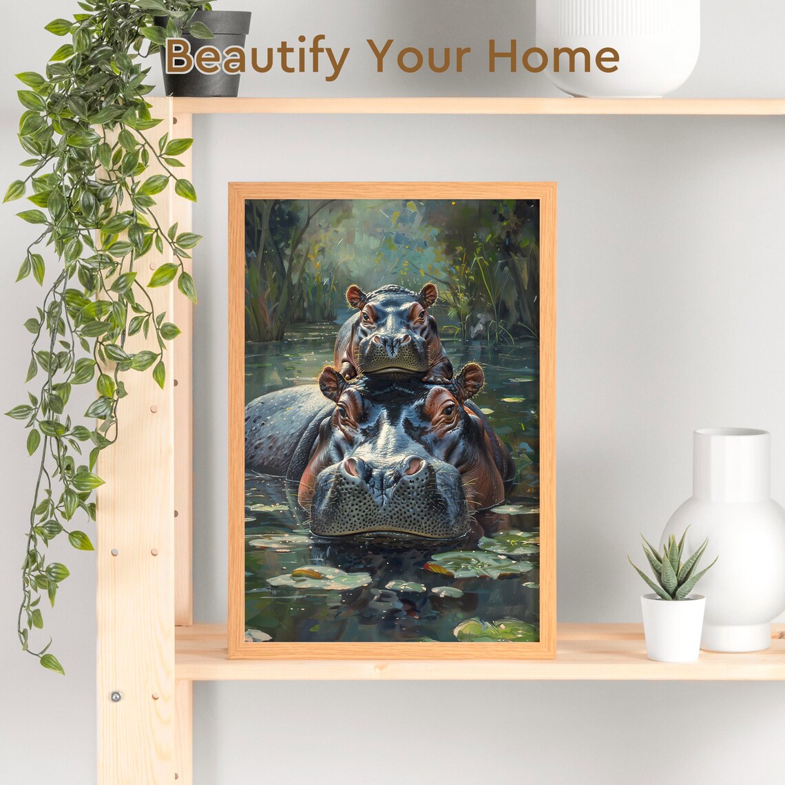 Hippopotamus Mother and Baby Swimming Together in a River Poster - Image 3