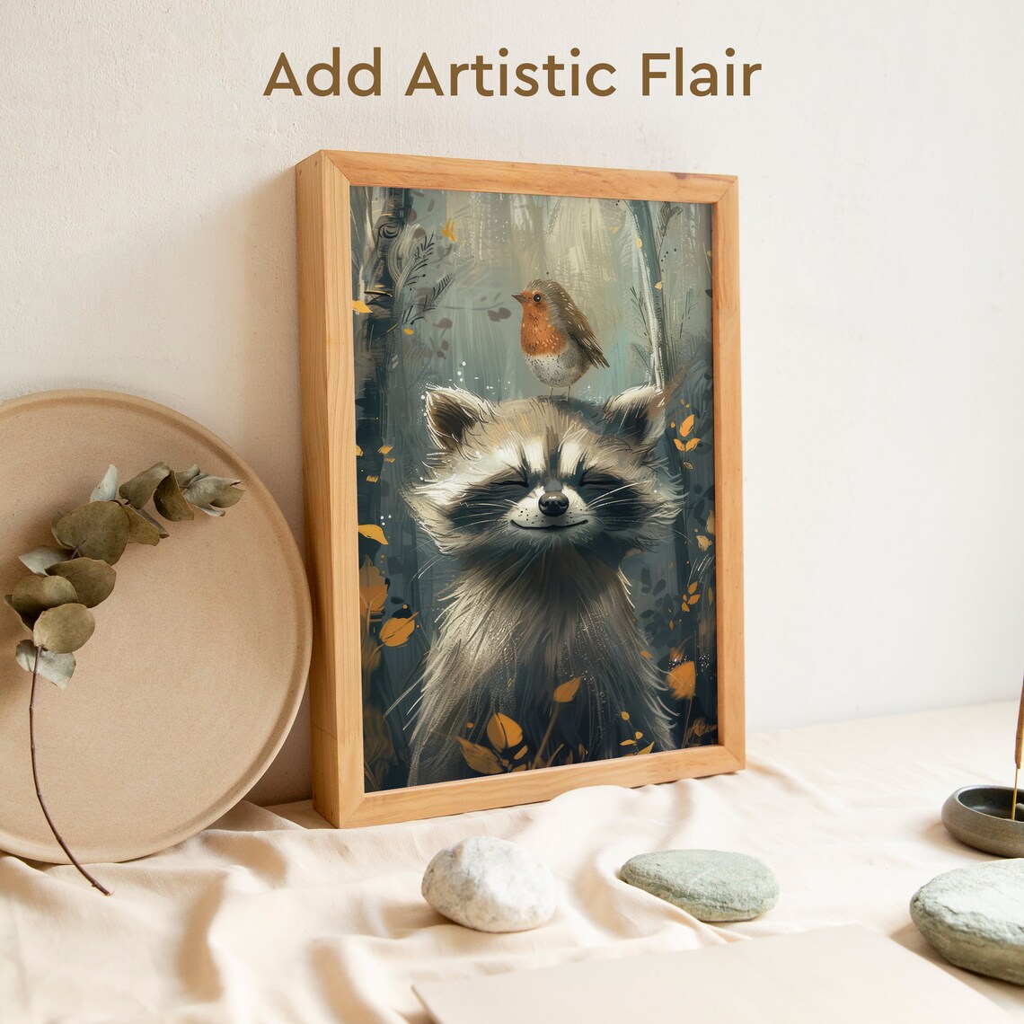 Joyful Raccoon and Bird Poster, Funny Wildlife Art - Image 2