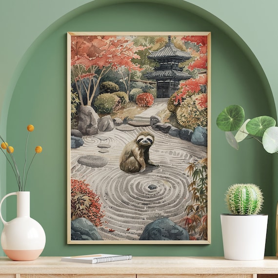 Peaceful Sloth Sitting in a Japanese Zen Rock Garden Painting Poster