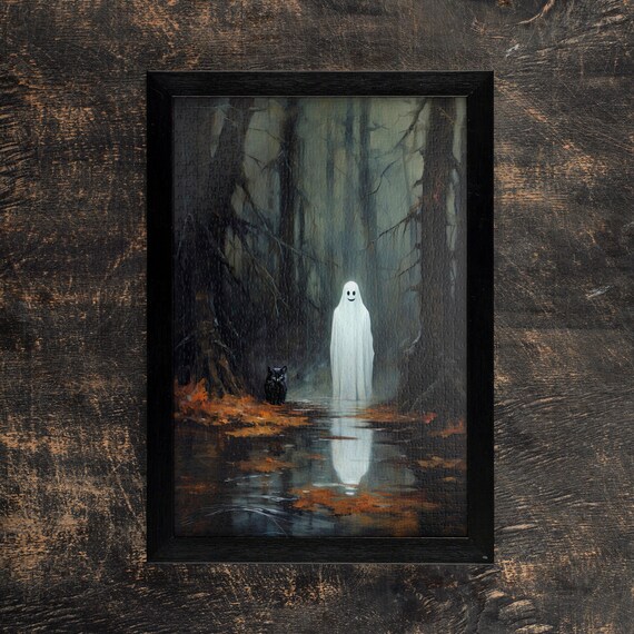 Smiling Ghost and Black Cat in a Misty Autumn Forest Stream Poster