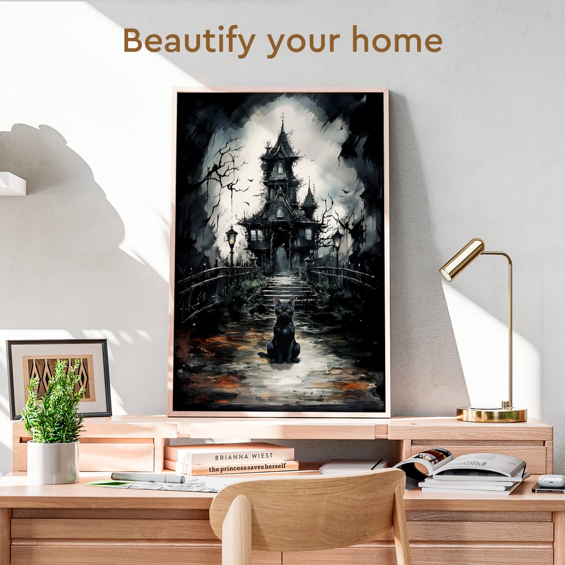 Black Cat Sitting Before a Haunted Gothic Mansion Watercolor Poster - Image 3