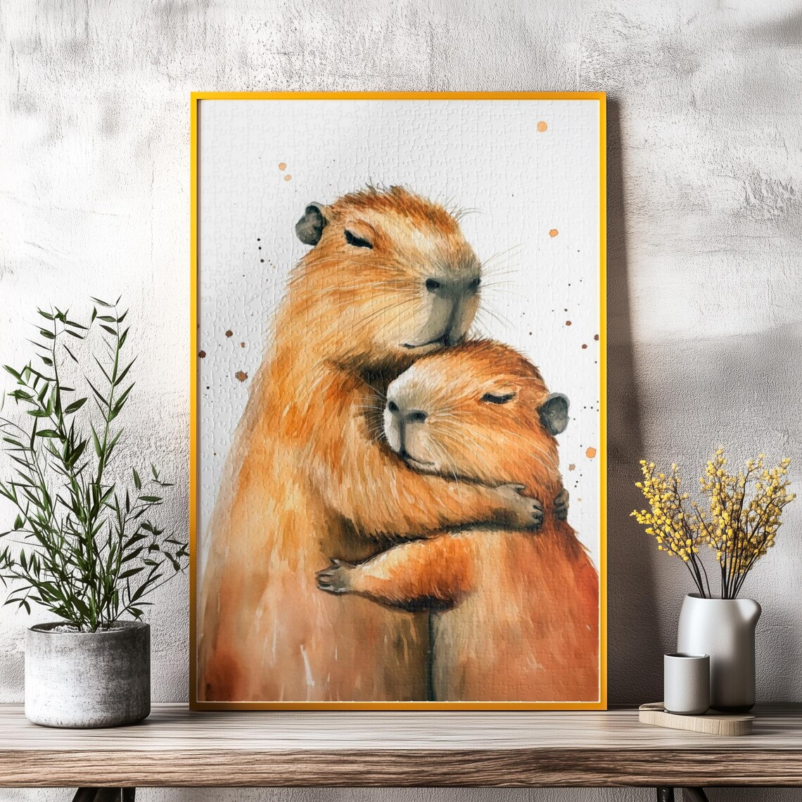 Sweet Watercolor Capybara Couple Sharing A Warm Embrace Poster