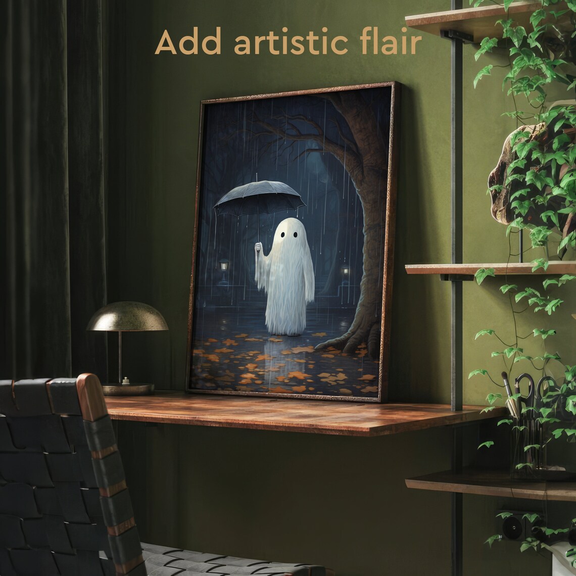 Cute Ghost Holding an Umbrella in the Rainy Night Forest Poster - Image 2